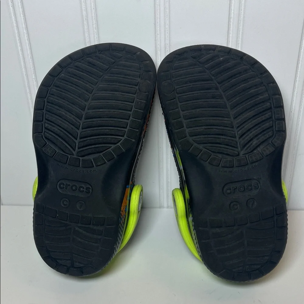 CROCS Kids size C 7 Black with Neon Green, Orange, Blue & lighting bolt design